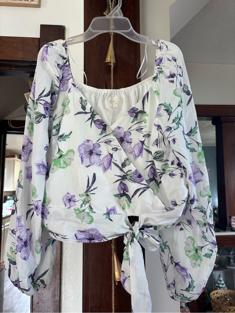 Floral Tie-Front Crop Top in White with Purple & Green Print